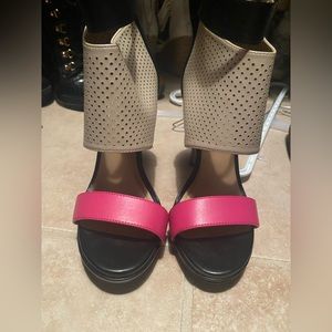 Black, pink and tan heels.
